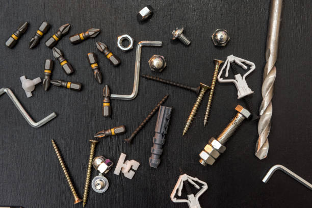 group of drill bits, screws, screwdriver bit bits and hexagon wrench for repair